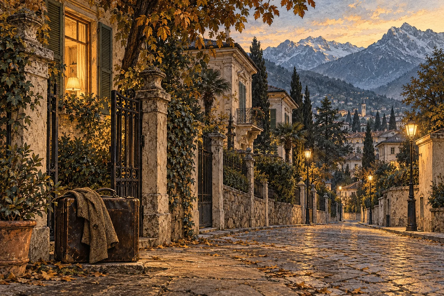 An evocative illustrated quiet South Tyrolean street with a suitcase at a gate.