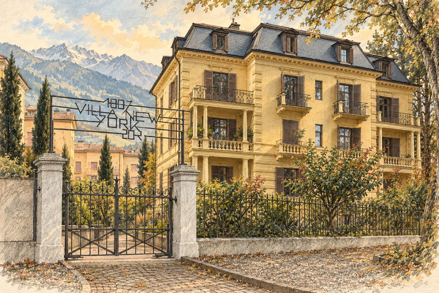 The yellow Villa New York with its mansard roof, balconies and named wrought-iron entrance gate.