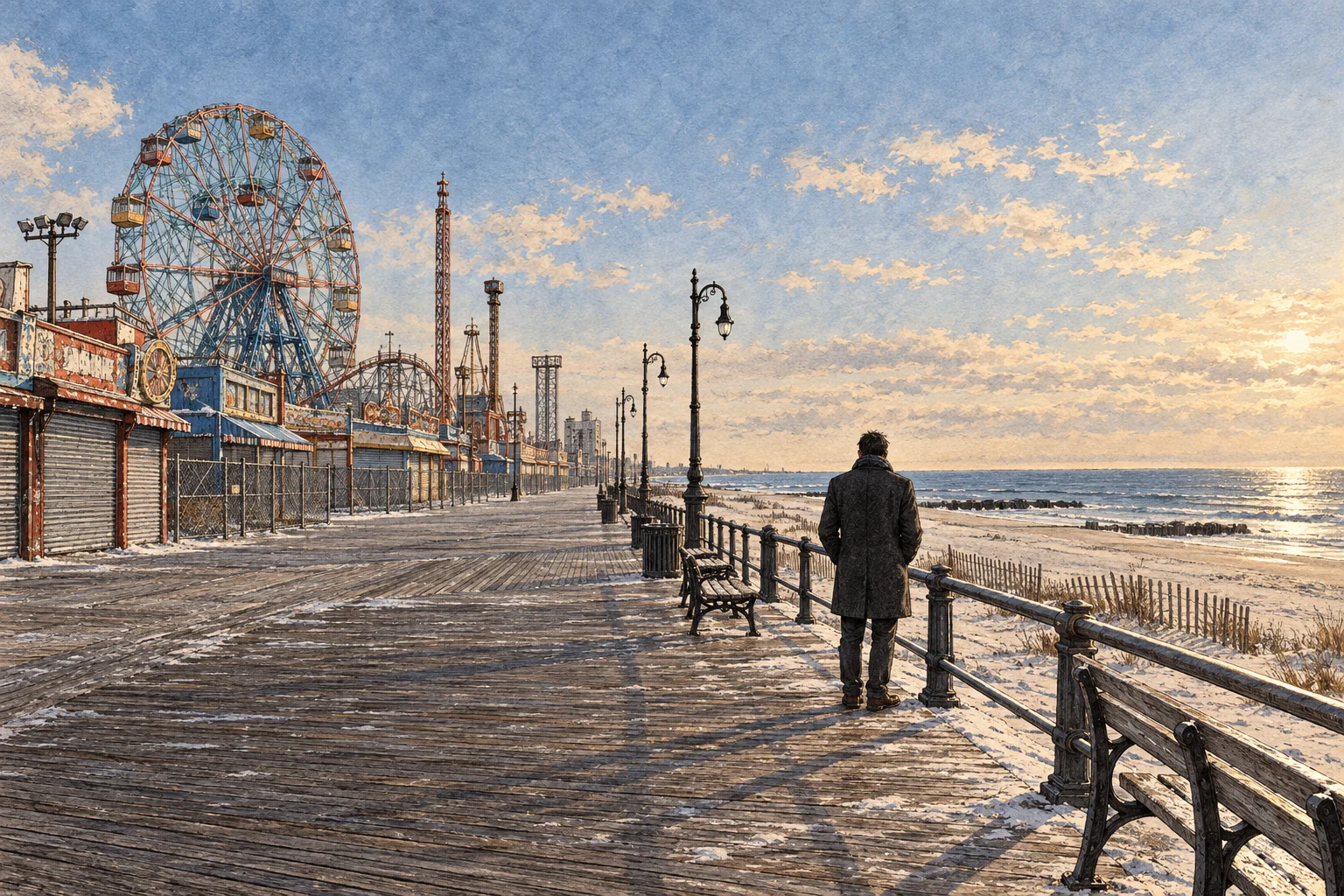 A solitary figure faces the Atlantic beside the Coney Island boardwalk and Wonder Wheel.