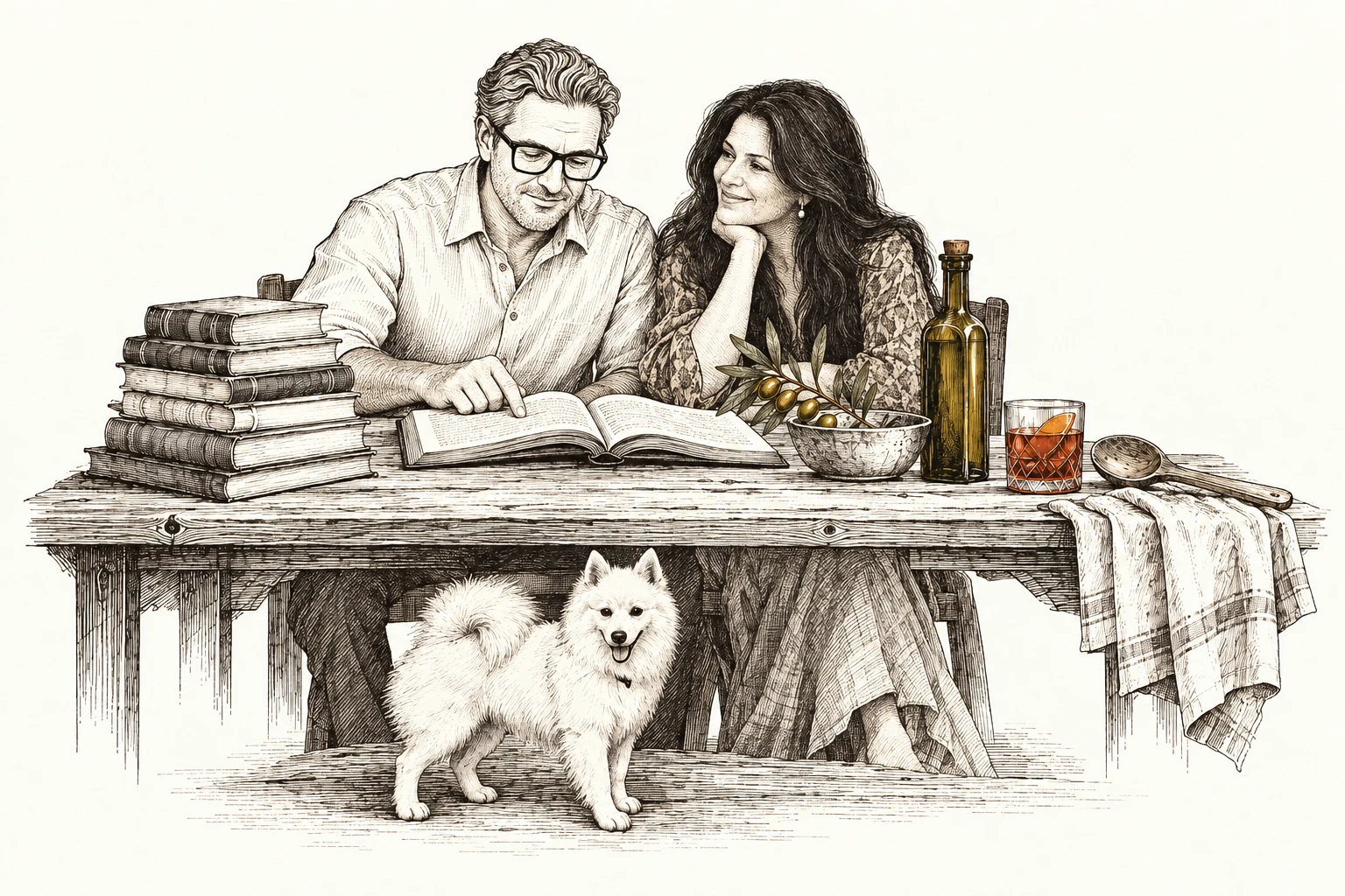 Ink illustration of Christoph and Rachel sharing a book, with August, their small white American Eskimo, beside a table with books, olive oil and a Negroni