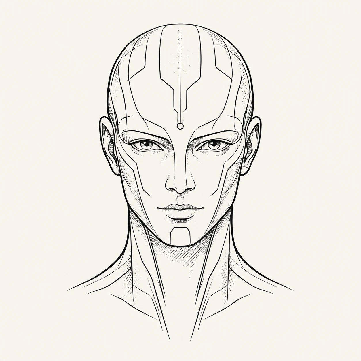 Ink portrait of Fred, with his distinctive AI head and fine circuit lines