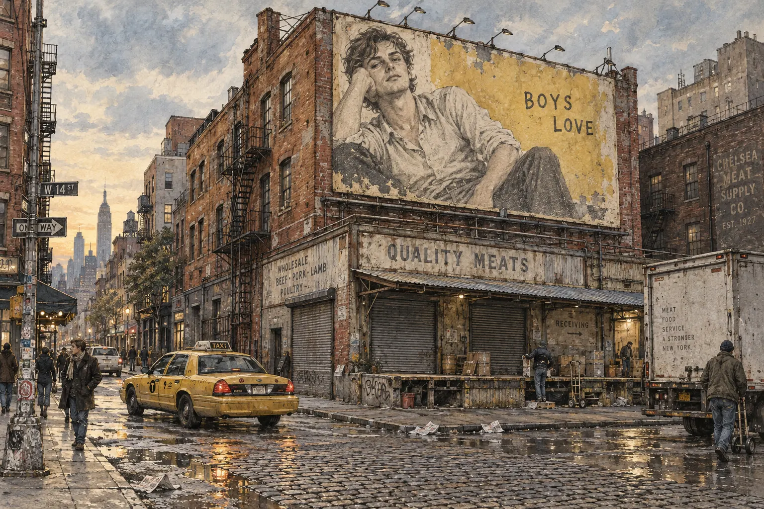 An evocative pencil-and-watercolour Meatpacking District street scene: weathered brick buildings, a huge fashion billboard, quality-meat wholesalers, a delivery truck and a yellow taxi on cobblestones.