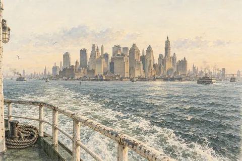 Illustrated Manhattan seen from the Ellis Island ferry