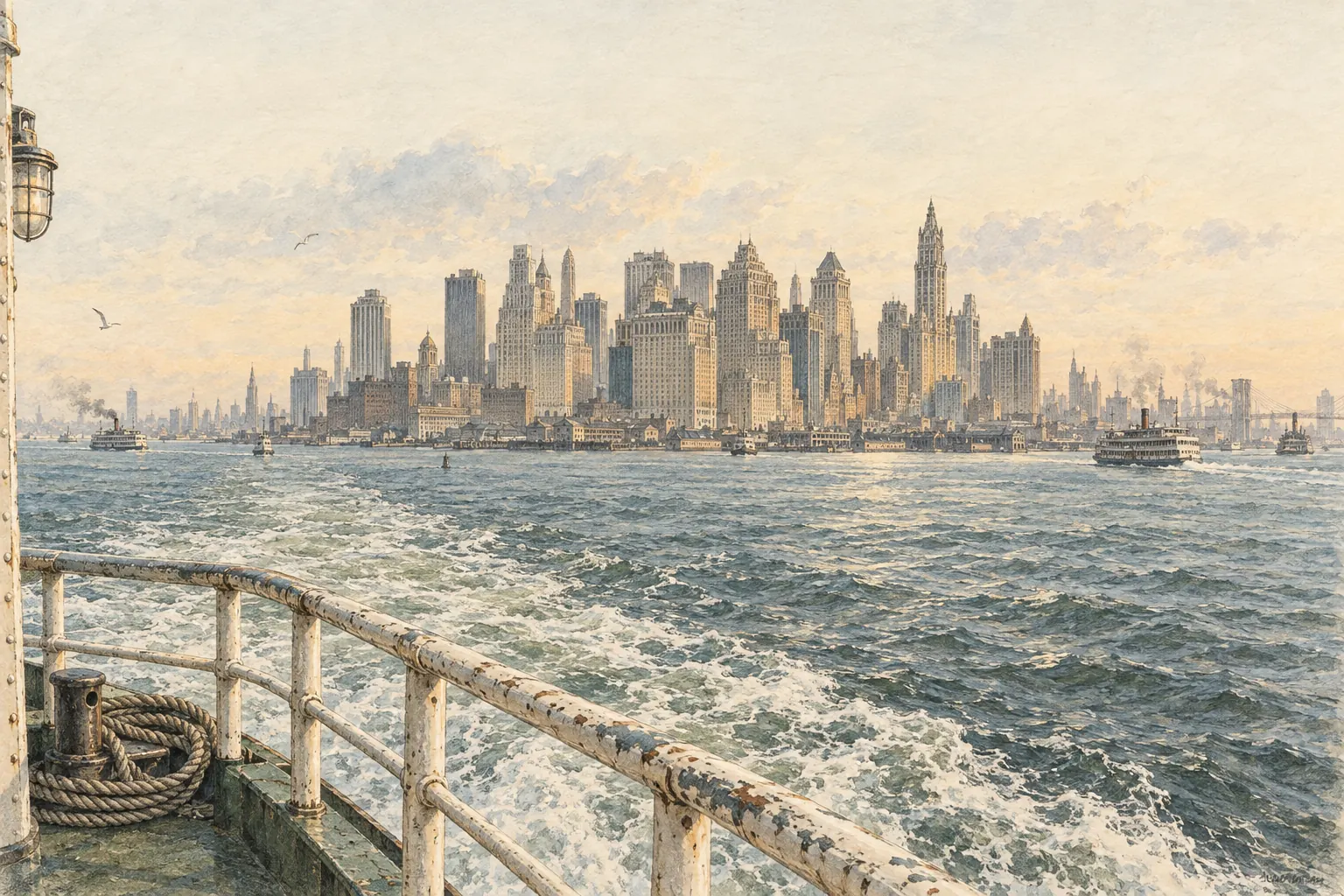 A pencil-and-watercolour imagining of Lower Manhattan seen across New York Harbor from the deck of an Ellis Island ferry, with a weathered rail, coiled rope and wake in the foreground.
