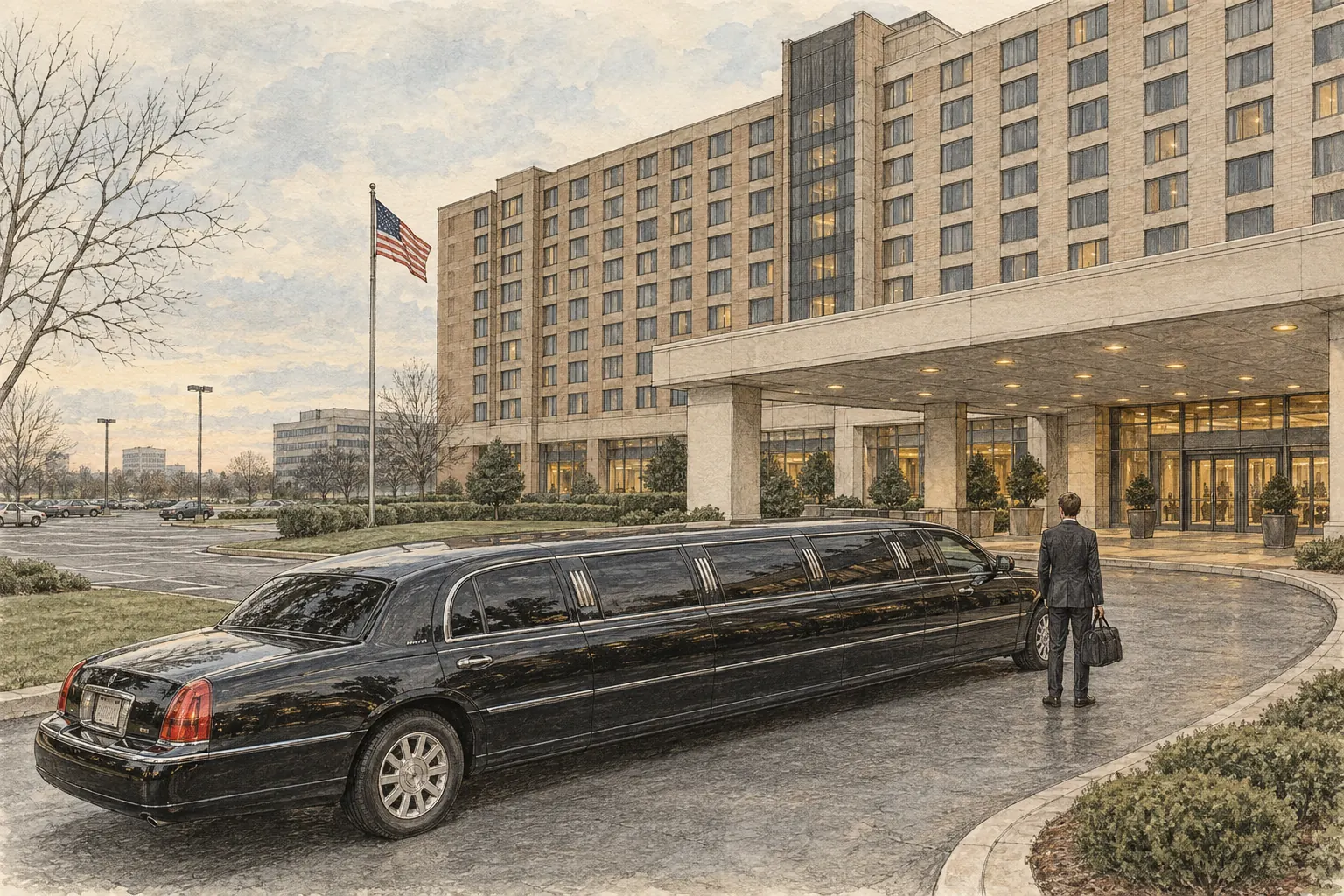 Pencil-and-watercolour scene of an enormously long black limousine outside a large anonymous New Jersey corporate hotel, with one small visitor holding a bag.