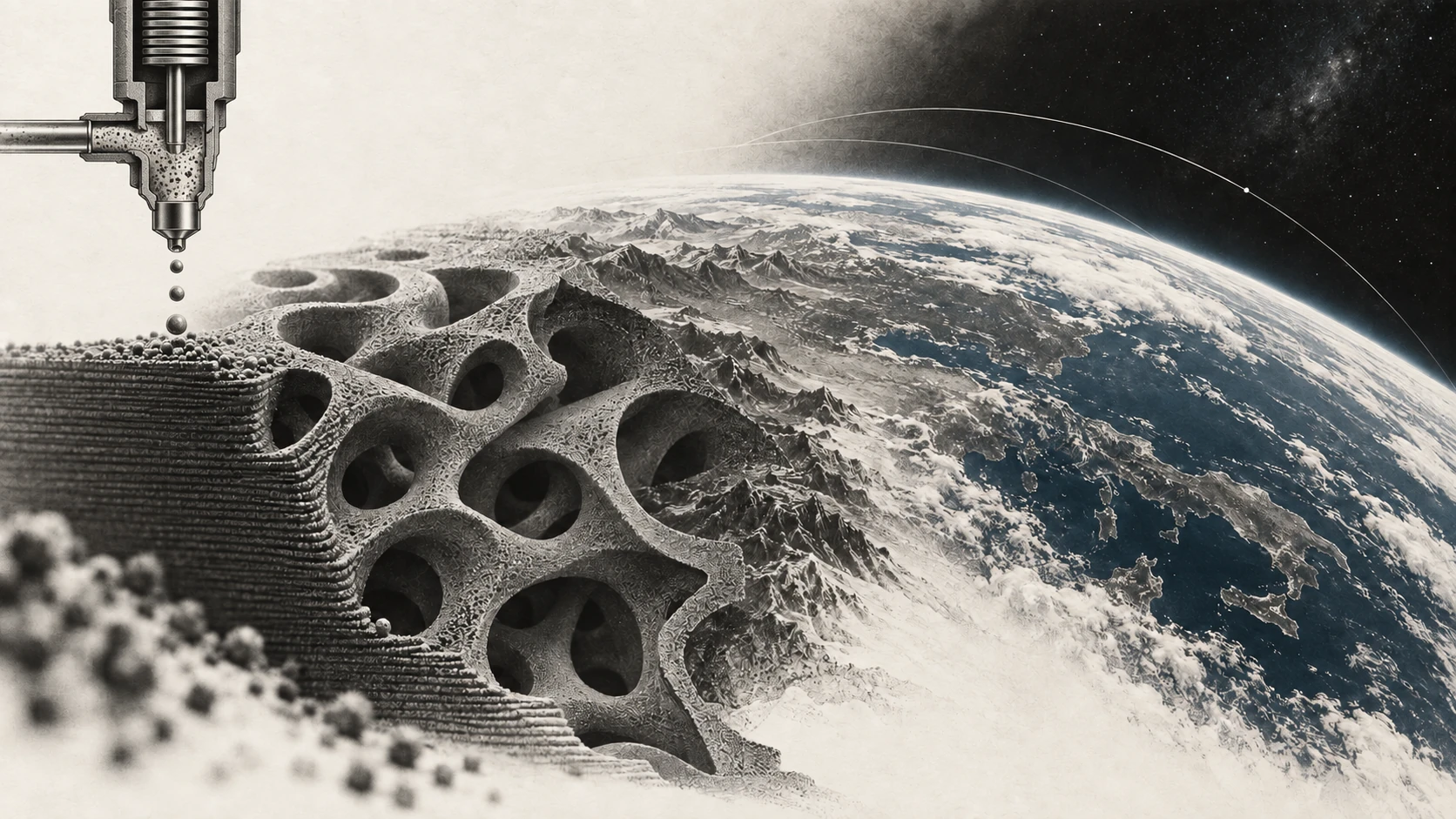 Conceptual cutaway of a piezo actuator driving a plunger to jet ceramic slurry, merging into a ceramic structure and the curved horizon of Earth
