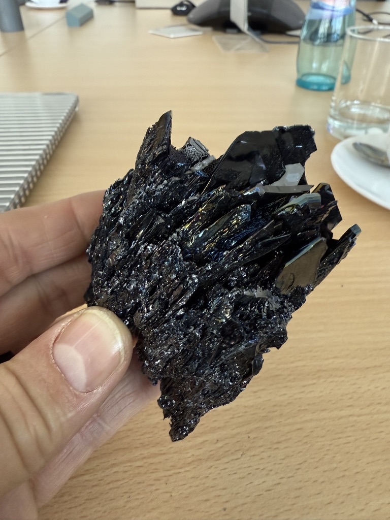 A dark silicon carbide crystal held in Christoph’s hand