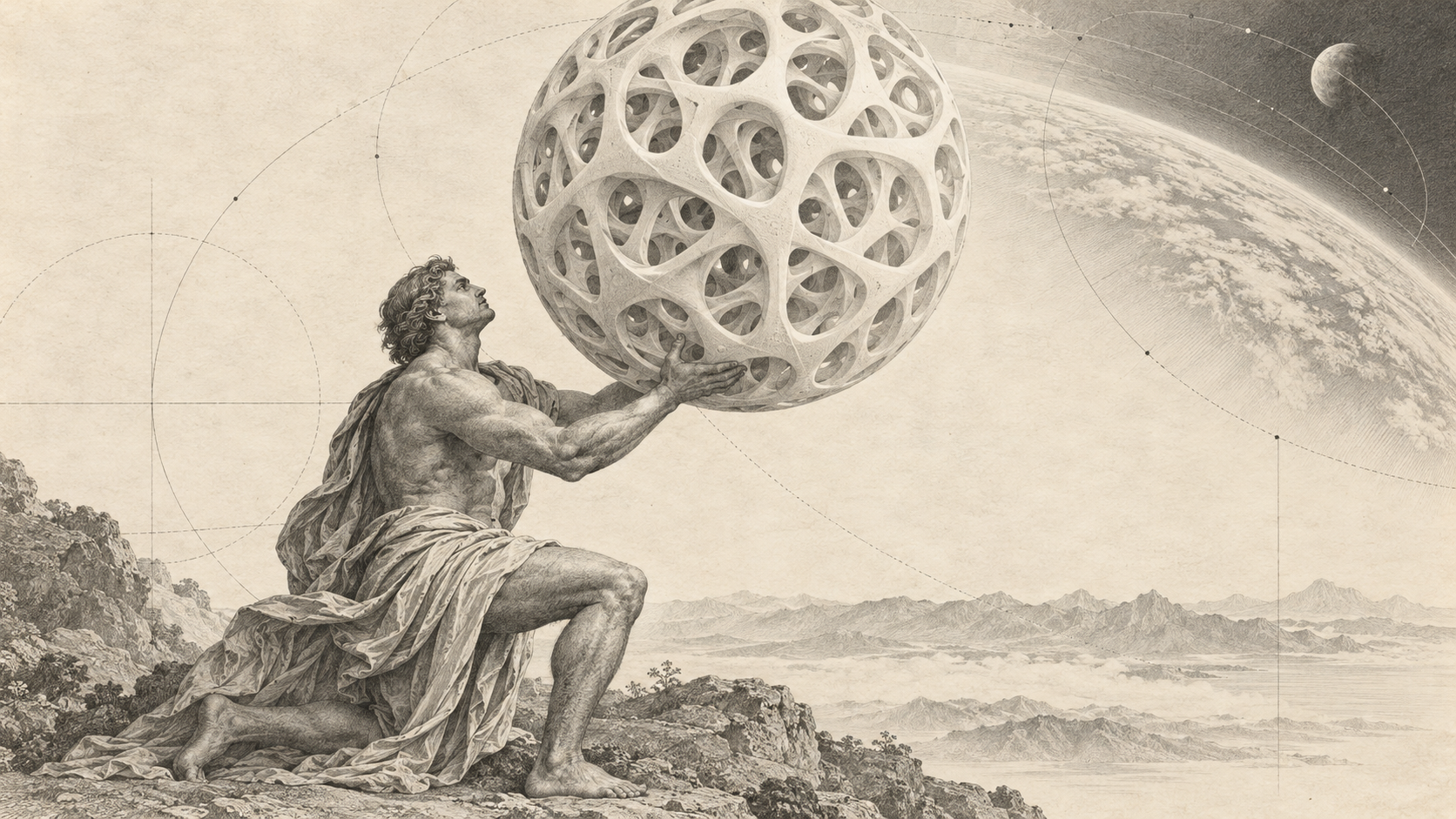 An engraved mythological Titan supporting an open ceramic lattice sphere, with Earth and orbital lines beyond