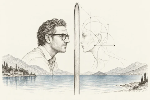 Christoph at a mirror above a quiet lake, facing a geometric reflection