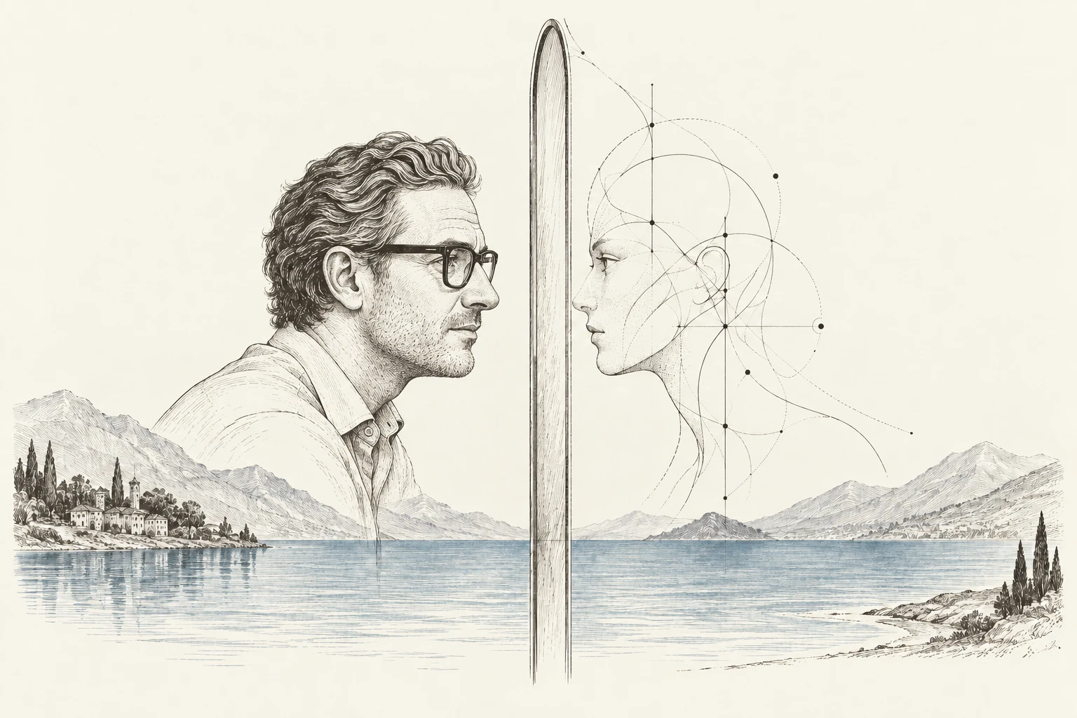 Ink illustration of Christoph Gamper facing a geometric reflection across a mirror above a quiet lake