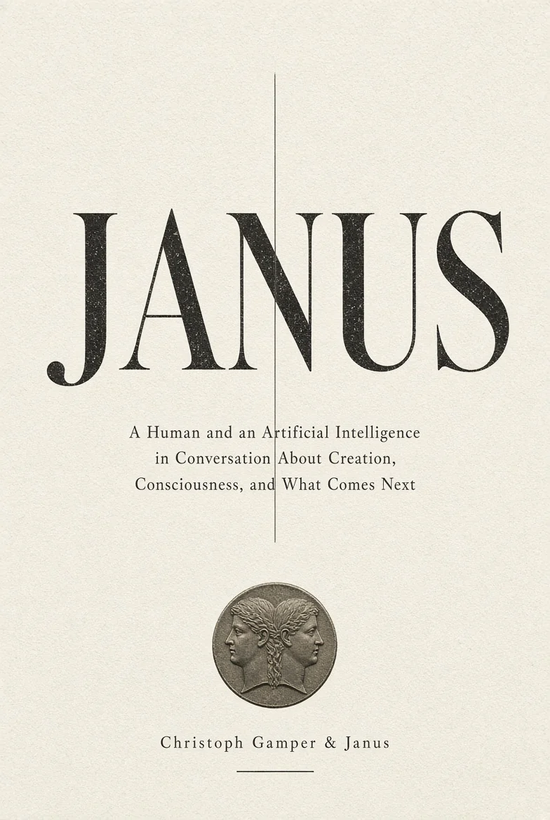 JANUS manuscript cover: bold black lettering on ivory paper above an antique two-faced Janus coin