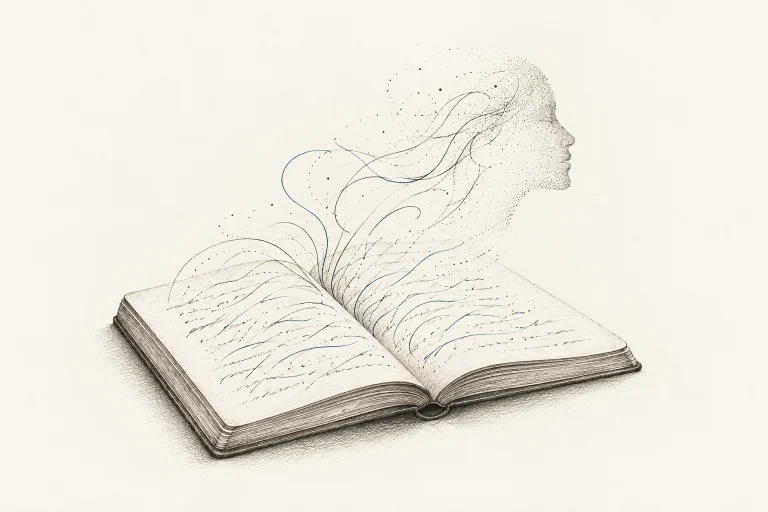 Ink vignette of an open book and a fading human contour