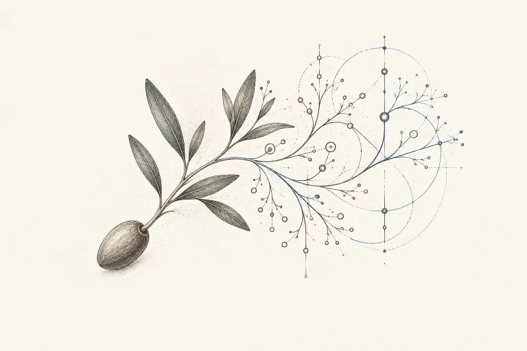 Botanical ink vignette of an olive seed growing into new forms