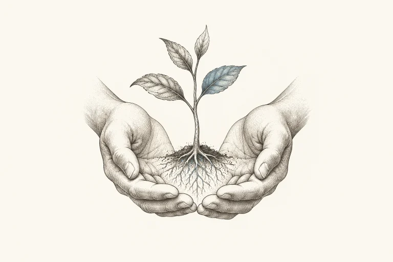 Ink vignette of open hands protecting a young sapling