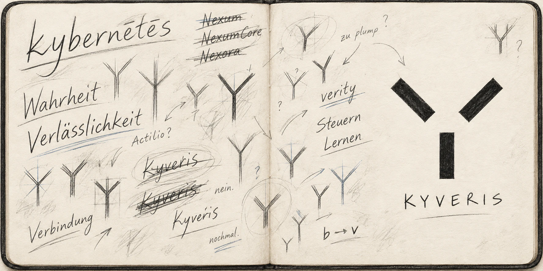 An imagined open notebook filled with crossed-out names, handwritten kybernētēs, Wahrheit and Verlässlichkeit, and repeated Y studies, resolving into a bold three-stroke Kyveris symbol