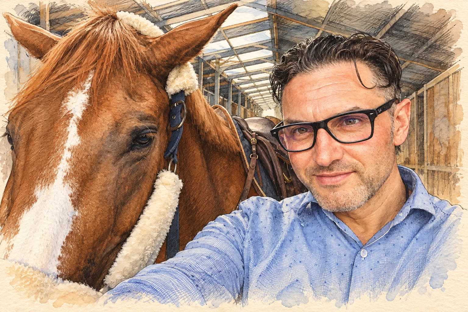 Christoph beside a chestnut horse, illustrated from his photograph.