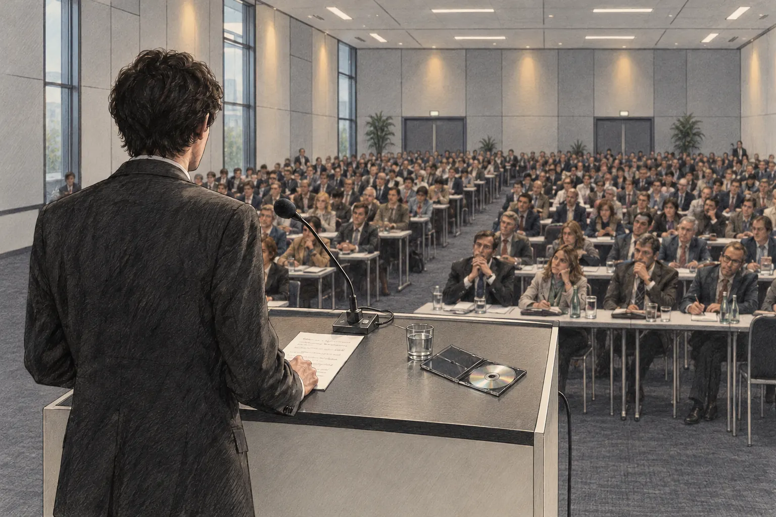 An imagined modern conference room in pencil and watercolour: pale acoustic walls, tall windows and recessed lights; a young speaker faces rows of record producers, with a microphone, notes and a compact disc on the lectern.