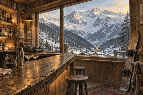 Illustrated mountain bar and snowboard in Sulden