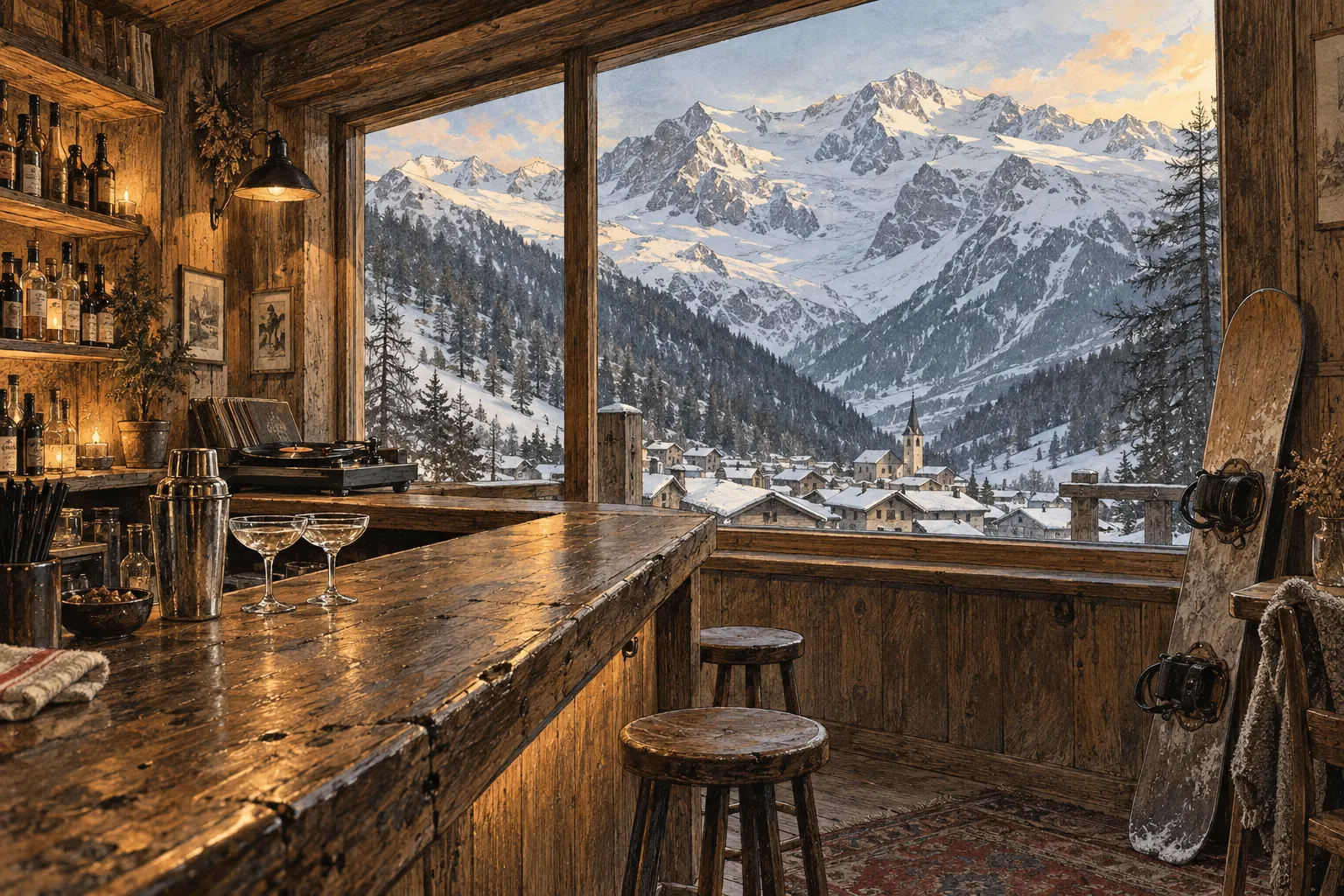 An evocative pencil-and-watercolour scene of a wooden mountain bar, a turntable and a snowboard beside a window overlooking a snowy alpine valley.