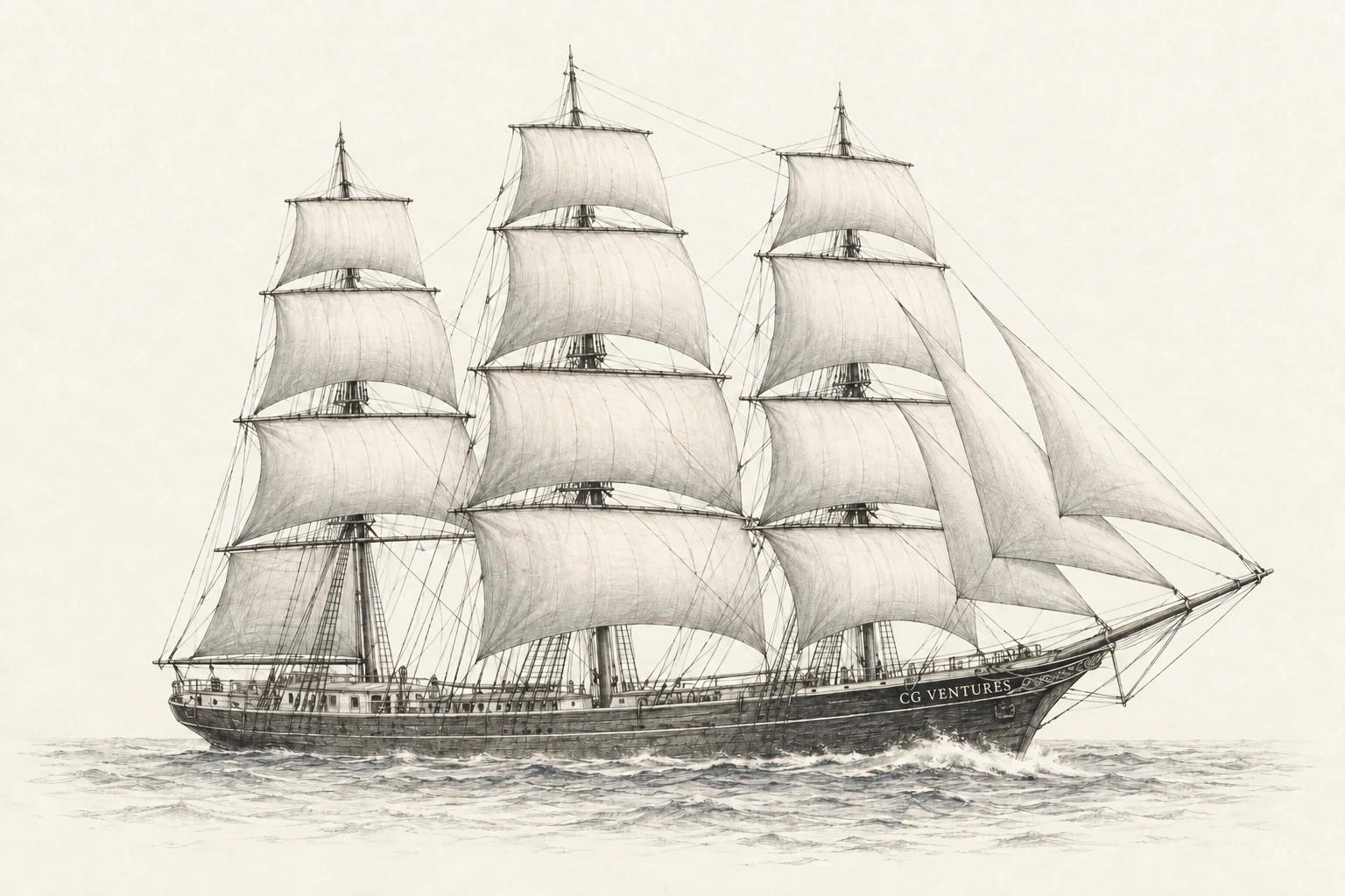 An imagined three-masted sailing ship under full sail, drawn in fine ink and graphite, with CG VENTURES painted discreetly on its hull.