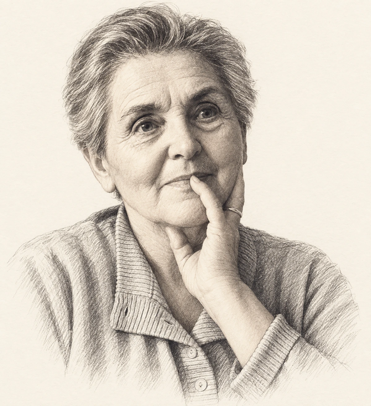 A delicate graphite portrait imagining Nandl in midlife, with her hand resting against her cheek.