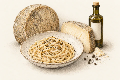 Cacio e pepe, cheese and olive oil in an illustrated still life