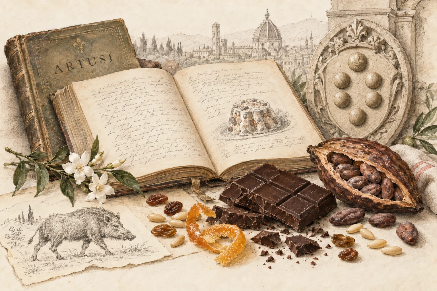 An imagined archival collage of Artusi, cocoa and Tuscan culinary history