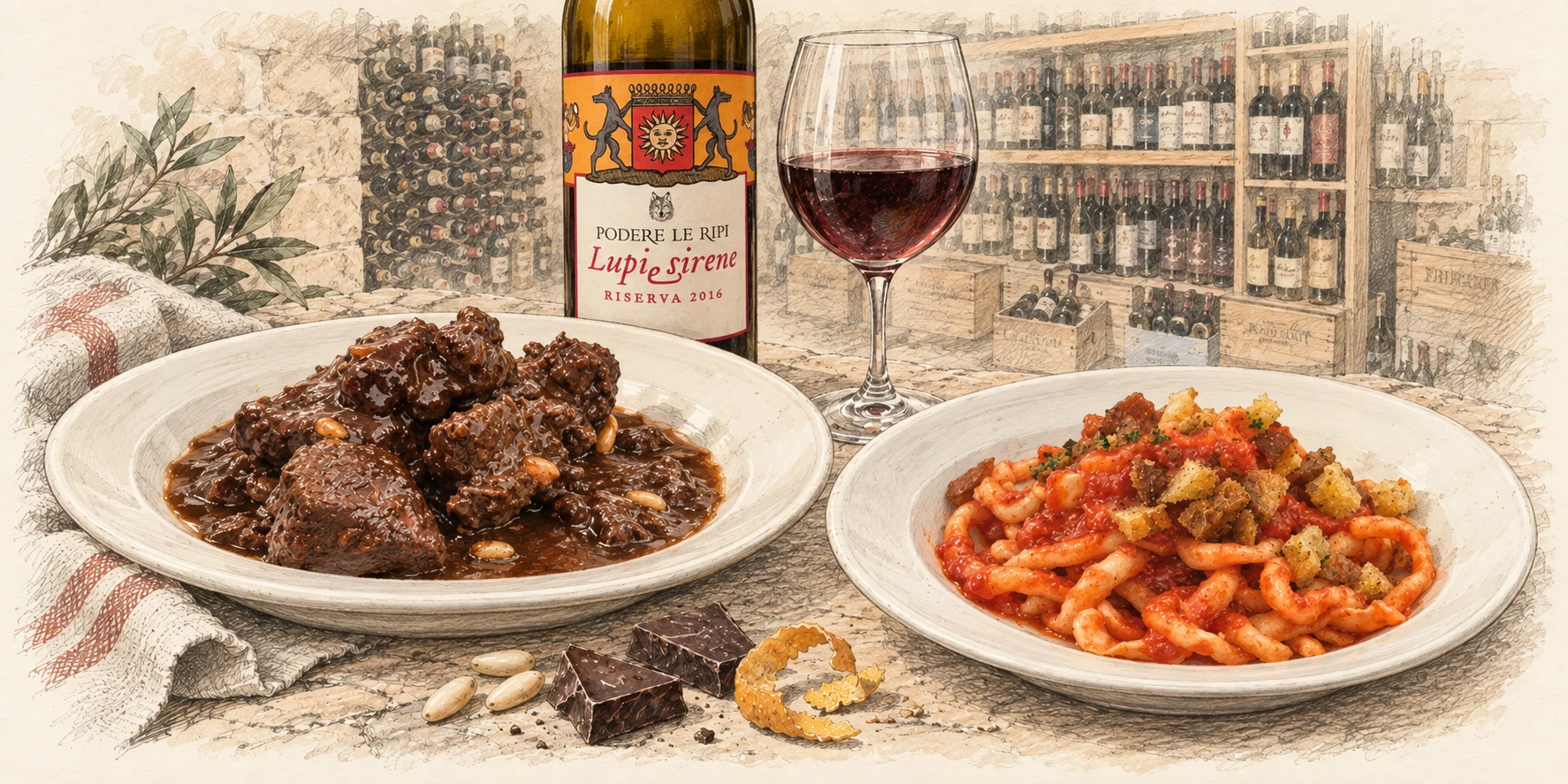 Pici, wild boar in dolceforte and Lupi e Sirene Riserva 2016, illustrated from my photographs, with Il Conte Matto’s cellar behind them