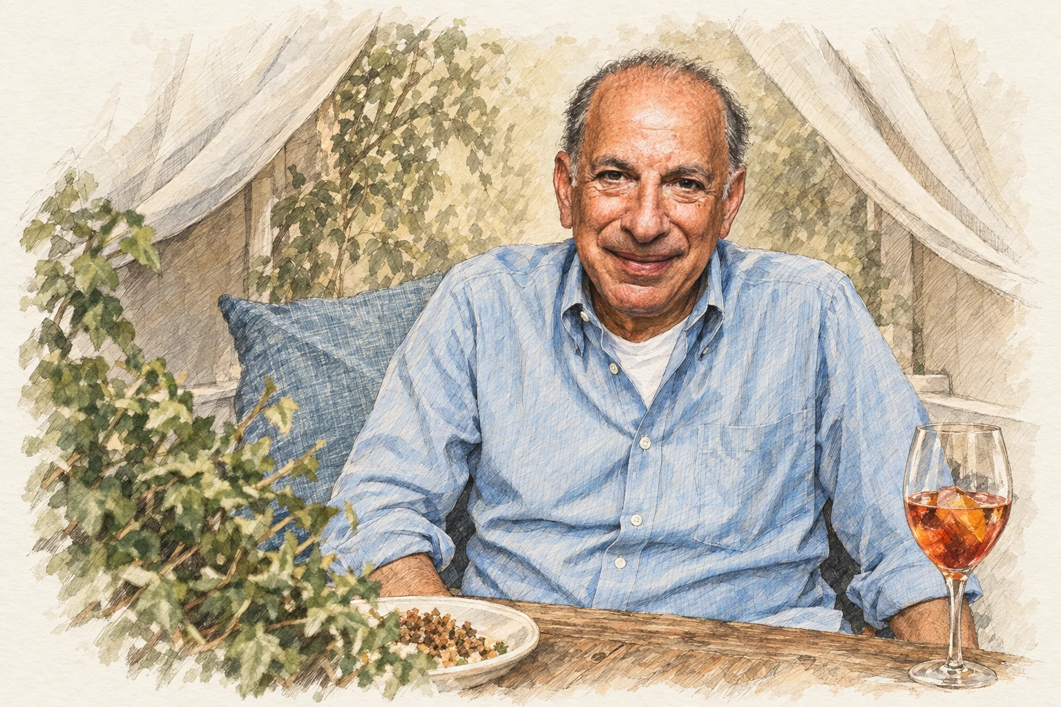 Robert at the table in his blue shirt, illustrated from the photograph in pencil and watercolour.