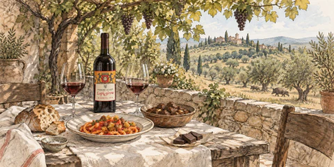 A Tuscan table beneath grapevines with Brunello, pici and dolceforte