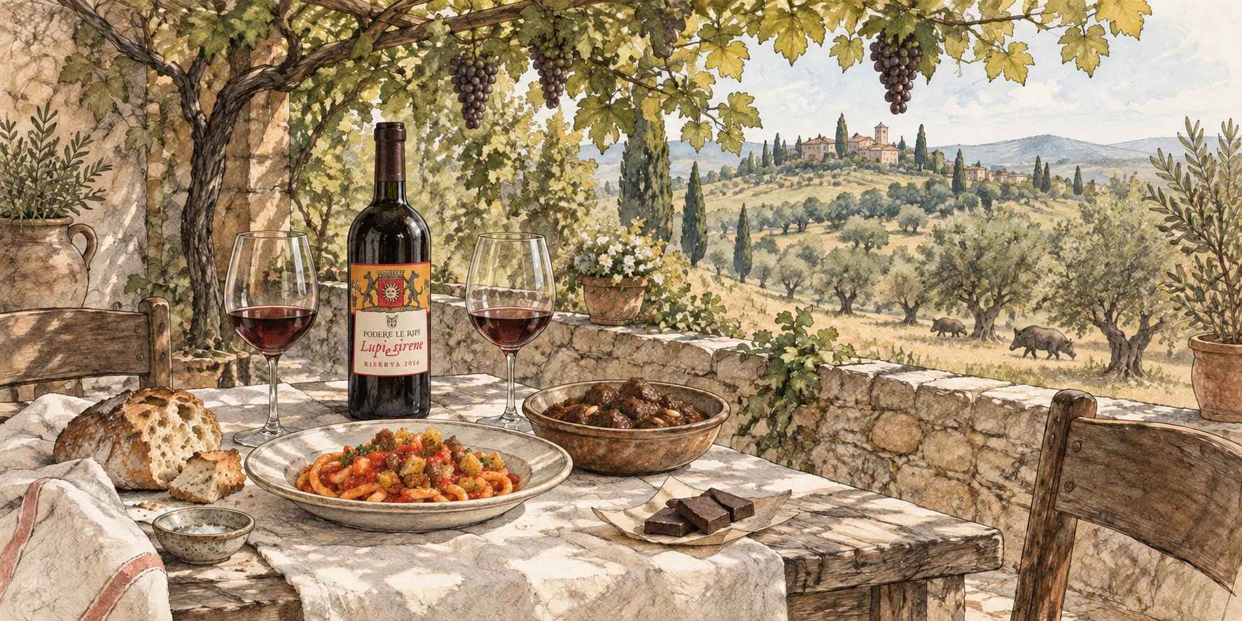 A Tuscan table in dappled shade beneath grapevines: Lupi e Sirene Riserva 2016 and two glasses, pici, dolceforte and bitter chocolate. Two wild boars wander among the olive trees beyond.