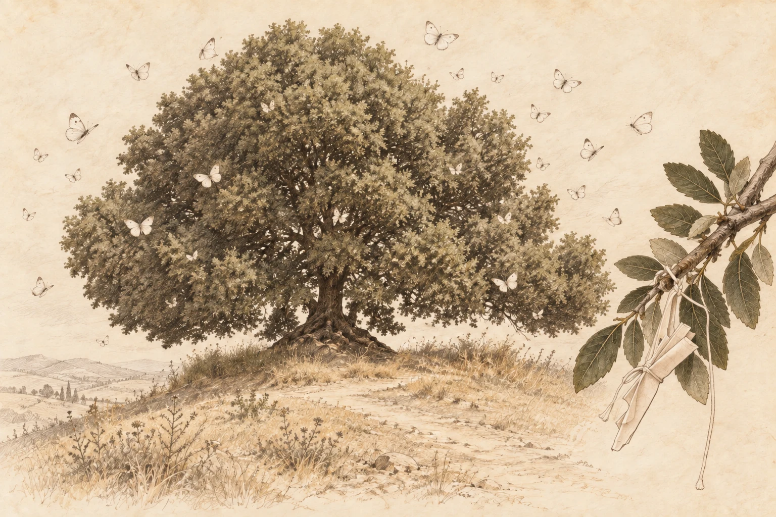 An archival-style drawing of the solitary holm oak at Pieve a Salti with white butterflies around its crown, and a folded wish tied to a branch.